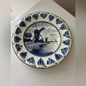Delfts Hanging Plate Belgium Blue Windmill Holland 9” Collectible Hand Painted